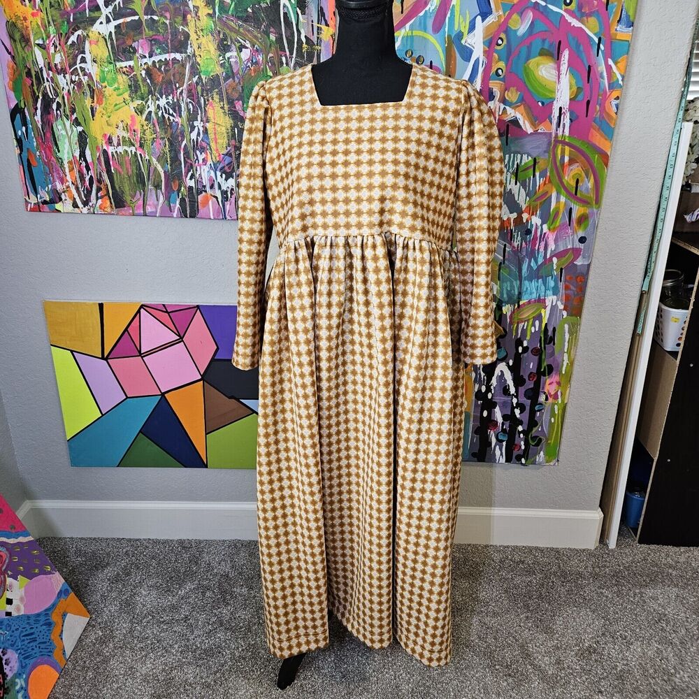 Handmade 70s Dress Polyester Yellow Brown Size L EUC